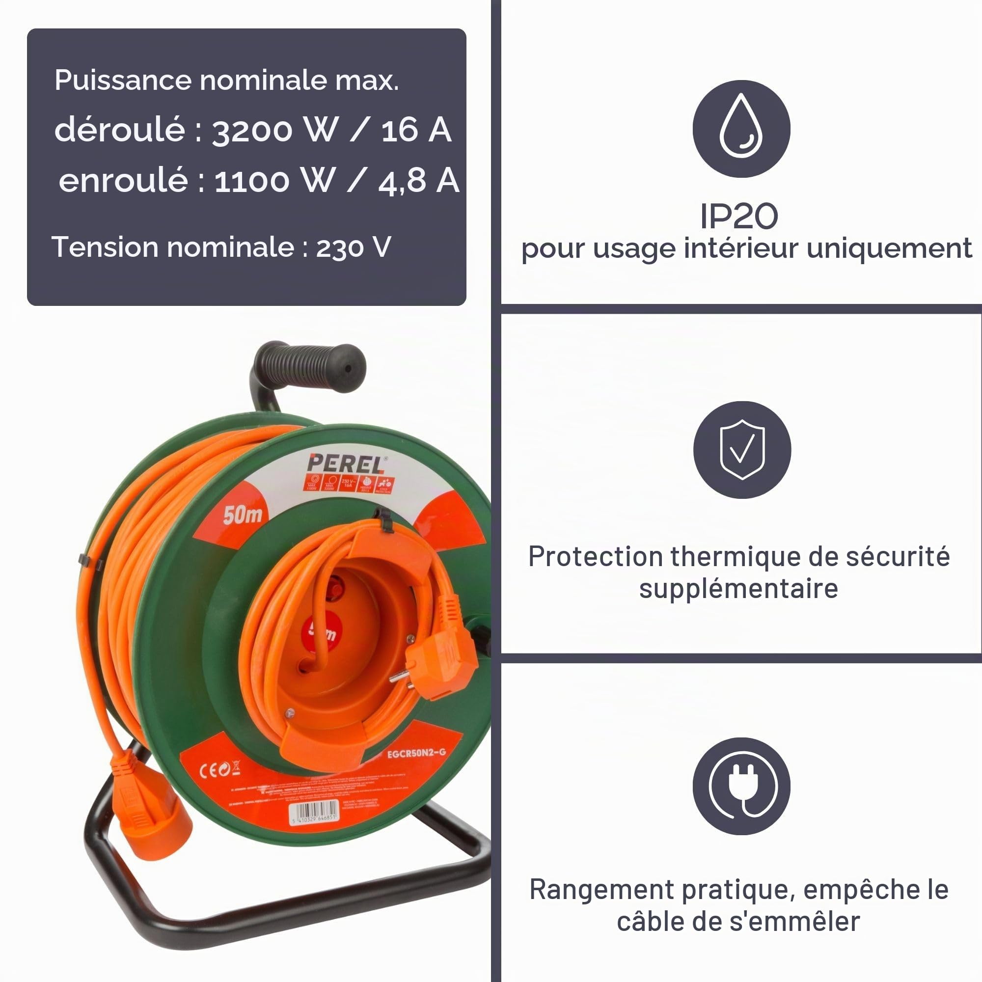 Perel EGCR50N2-G Enrouleur de câble pour Jardin 50 M-3G1.5 Schuko 3200 W