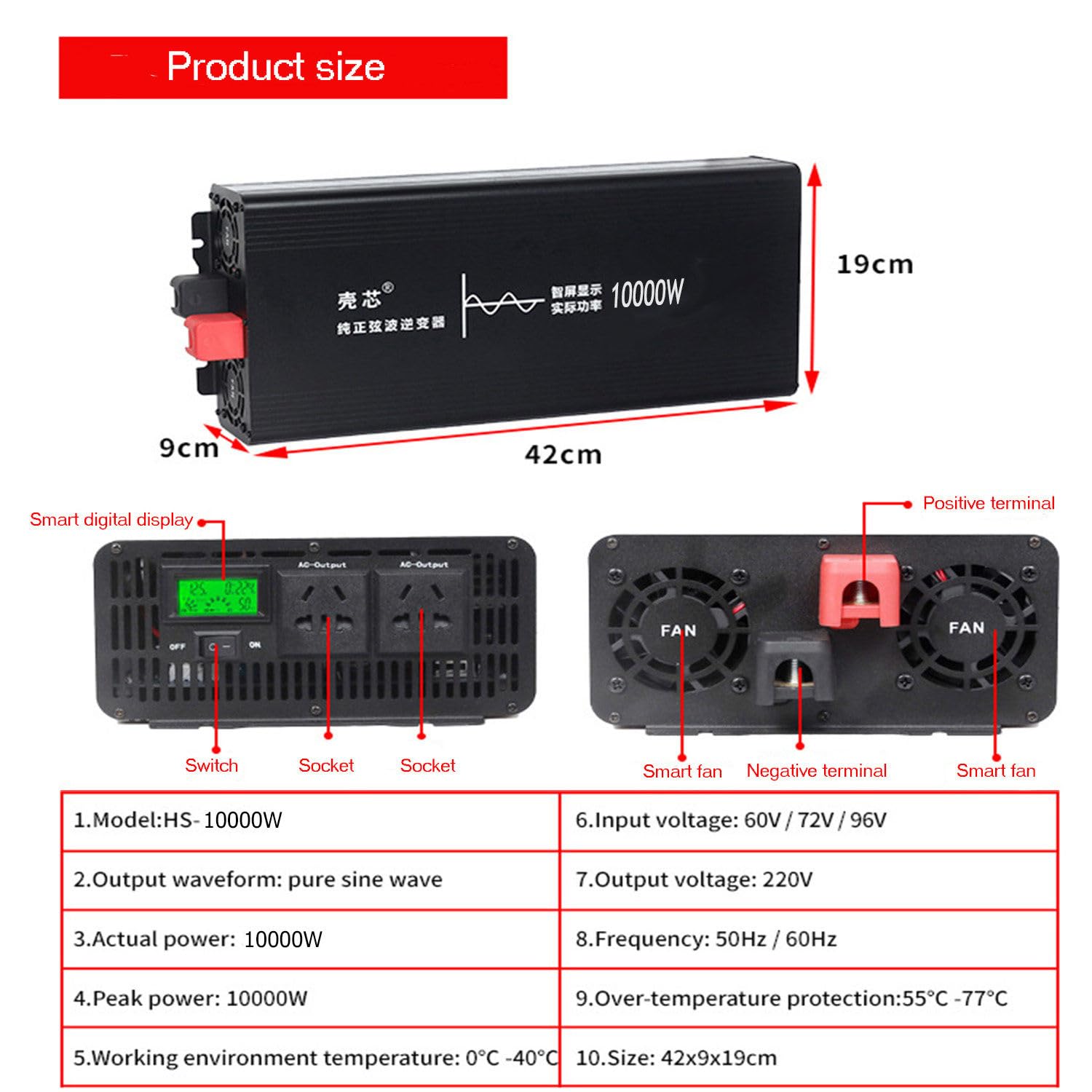 Inversor Onda Sinusoidal Pura,Alta Eficiencia Conversión,Sin Interferencias con Aparatos Eléctricos,con Pantalla LCD Control Remoto Inalámbrico,para Automóvil,10000W-72Vto110V
