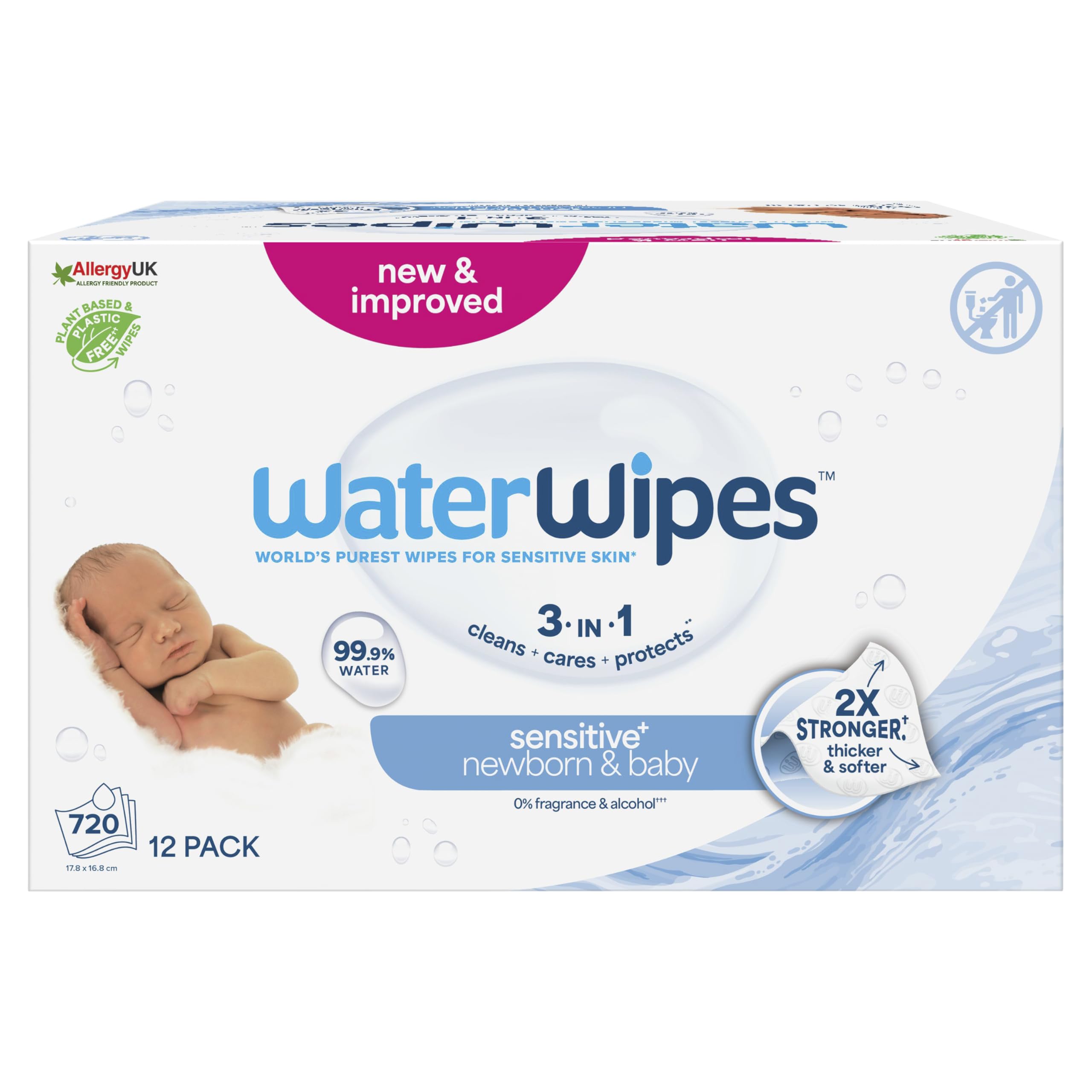 WaterWipes Newborn & Baby Wipes, 720 Count (12 Packs), 3-In-1 Cleans, Cares, Protects, 99.9% Water, Unscented