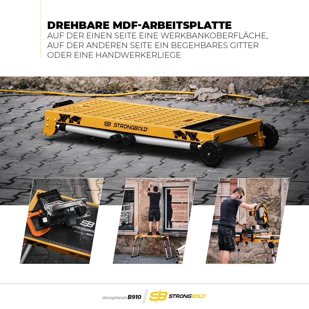 StrongBench B910 ❘ Multifunktionaler Werkstatttisch ❘ Höhenverstellbare Werkbank Werkstatt mit Höhenverstellbarer Arbeitsplattform ❘ Werkbank Klappbar ❘ Funktionalität als Handwerker-Liege