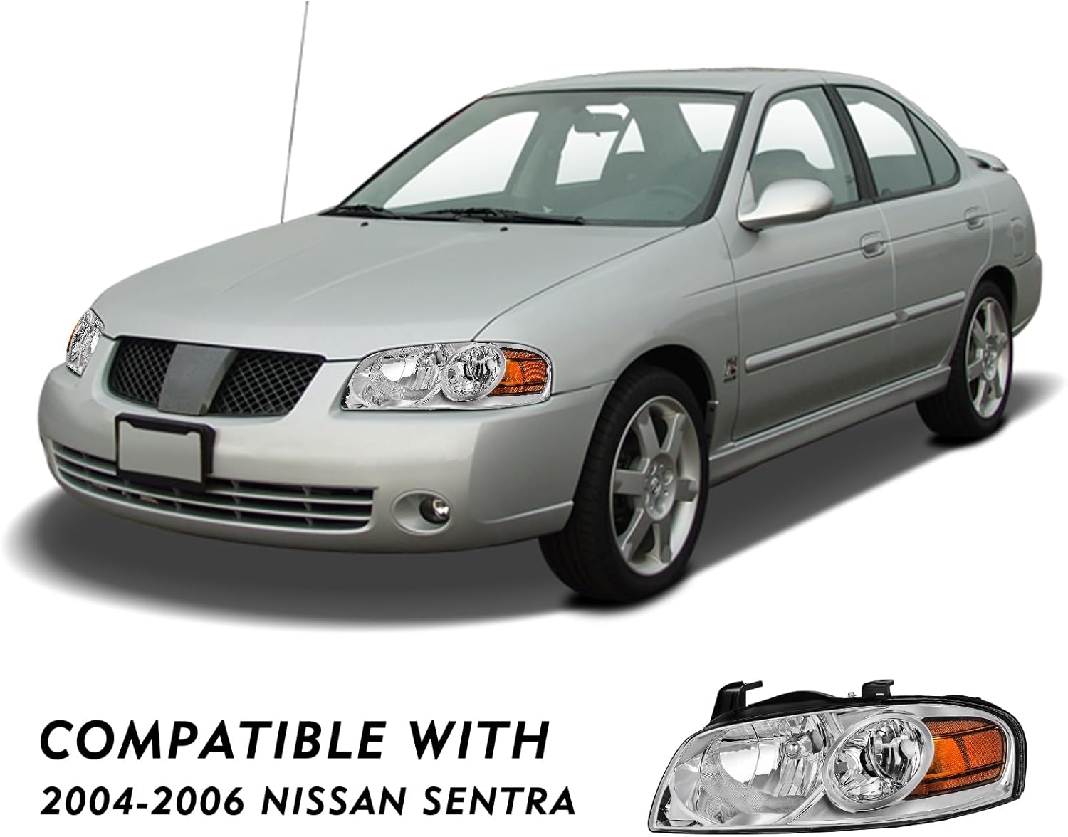 TUSDAR Fit for 2004 2005 2006 Nissan Sentra Headlight Assembly Pair Passenger Driver Side Chrome Housing with Amber Reflector