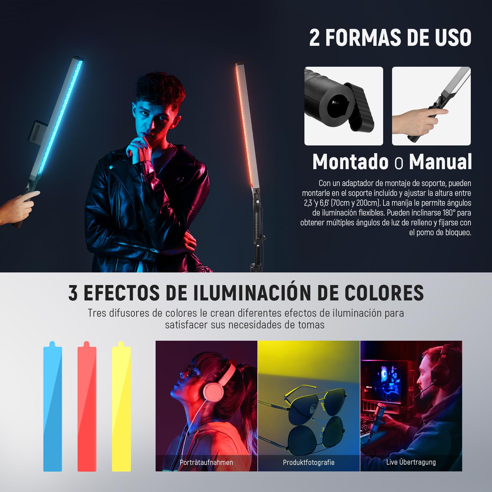 NEEWER Barra de Luz Vídeo LED Mejorada y Kit Remoto 2,4G, Paquete de 2 Iluminación Regulable 3200K~5600K CRI97+ con Soportes/Filtros/Bolsa para Grabación Youtube, Fotografía, Juegos, BH20B Negro