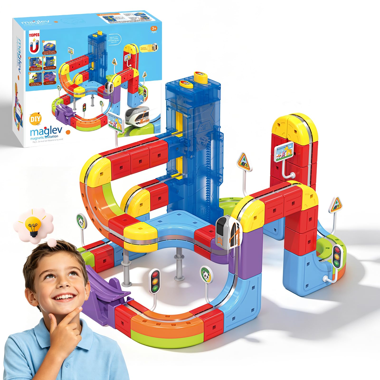 YESHIN Eisenbahn Elektrisch Cube Track Mit Aufzug, Clickrail Electric Train Set, DIY Zugstrecken-Set mit Schwerkraft Defying 3D-Layouts, Eisenbahn Kinder Elektrisch Geschenk für Kinder ab 3 Jahren