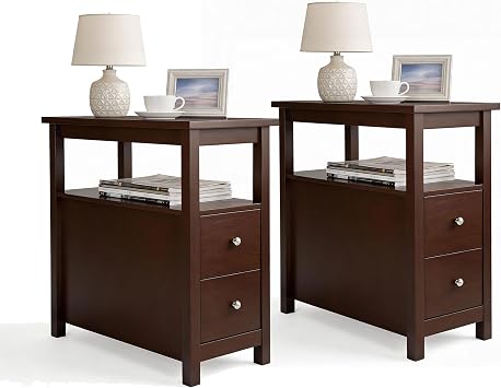 SUPER DEAL End Table Set of 2, Slim Side Table with 2 Drawers and Storage Shelf, 3 Tier Sofa Couch Table for Living Room Bedroom Apartment Small Spaces, Espresso
