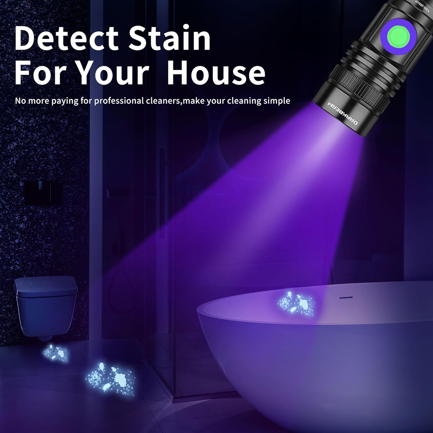 DARKBEAM A300 UV flashlight being carried in a pocket, attached to a backpack, and held in hand, highlighting its portable size