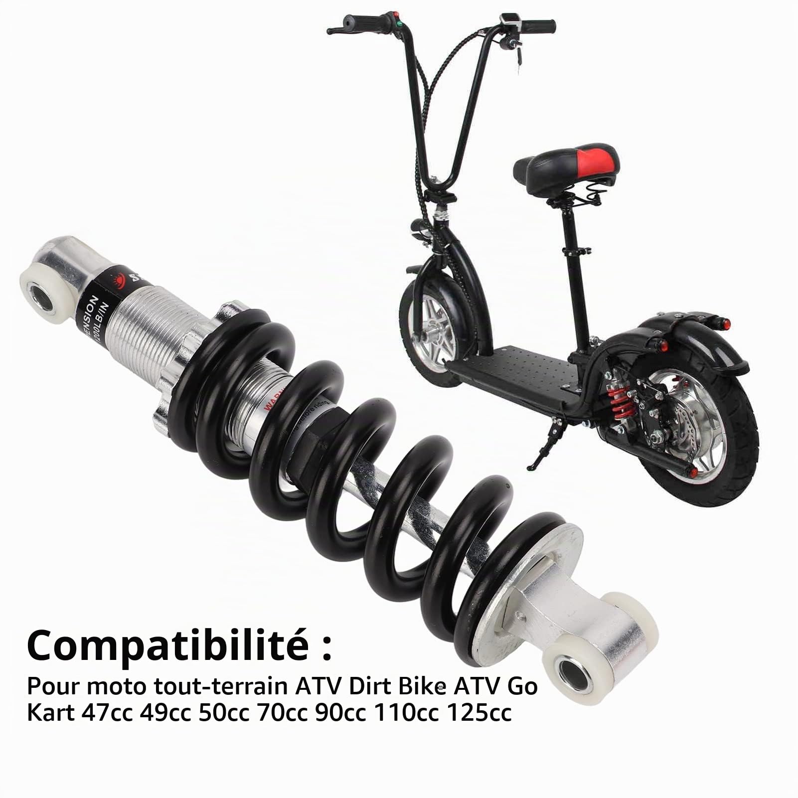Amortisseur Arrière de Vélo, 190mm 1200 Lbs VTT Suspension Ressort Amortisseurs pour 50cc 70cc 90cc 110cc 125cc Dirt Bike ATV Go Kart Véhicule électrique