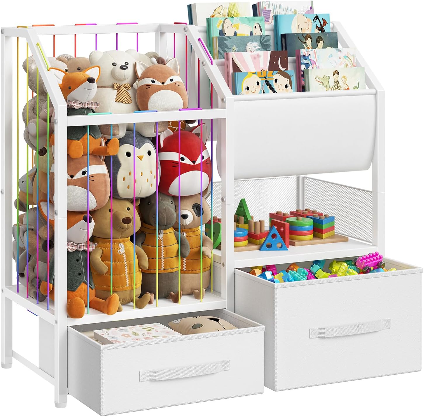 HOOBRO Kids Bookshelf and Toy Storage Organizer, Stuffed Animal Storage with Sling Bookshelf and Non-Woven Fabric Drawers, Children Bookcase for Nursery, Playroom, Kids Room, White WT37CW01