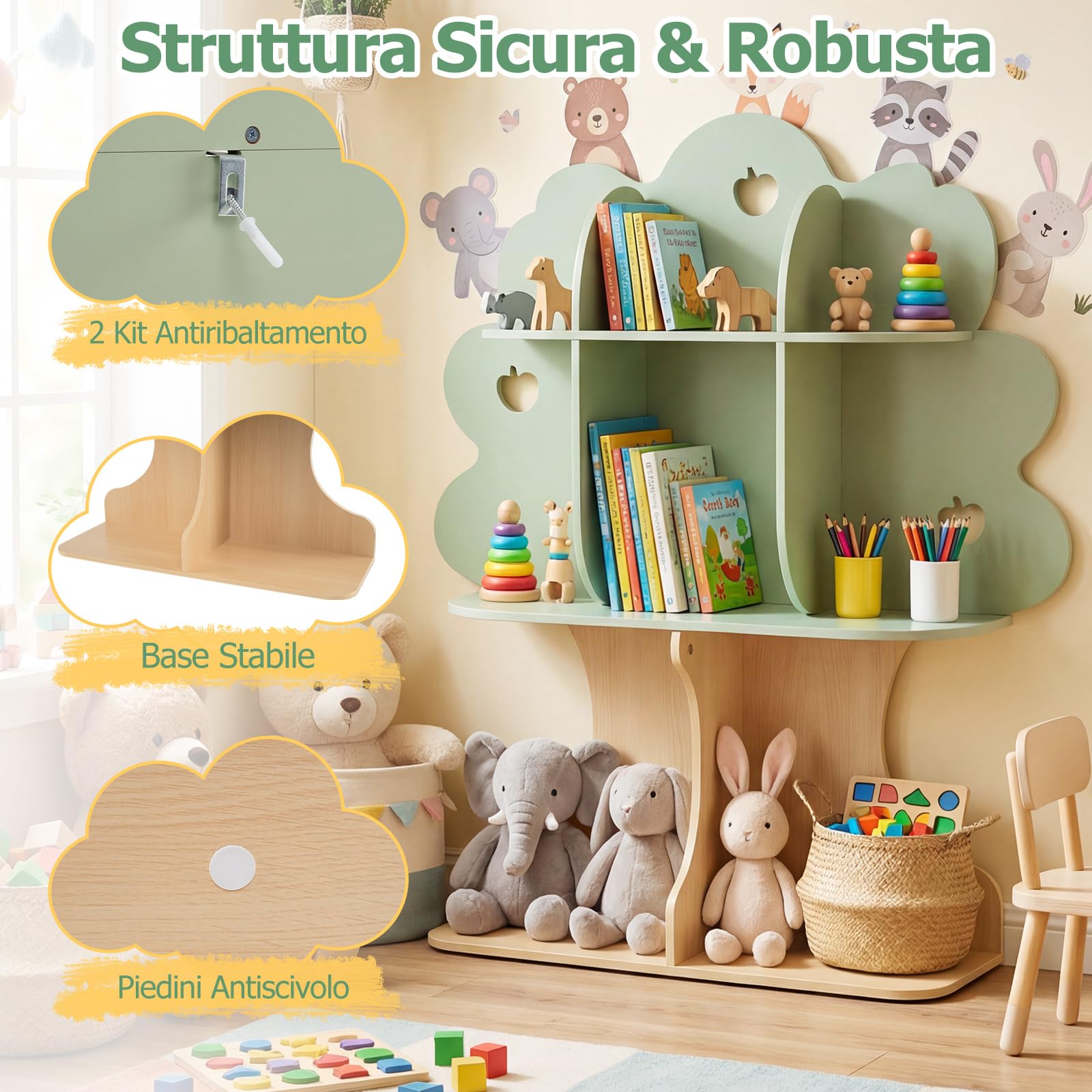 COSTWAY Libreria per Bambini a Forma di Albero, Scaffale per Giocattoli con 8 Scomparti Aperti e 2 Kit Antiribaltamento, Contenitore Salvaspazio per Salotto, Asilo Nido, Studio, 97 x 28 x 114 cm