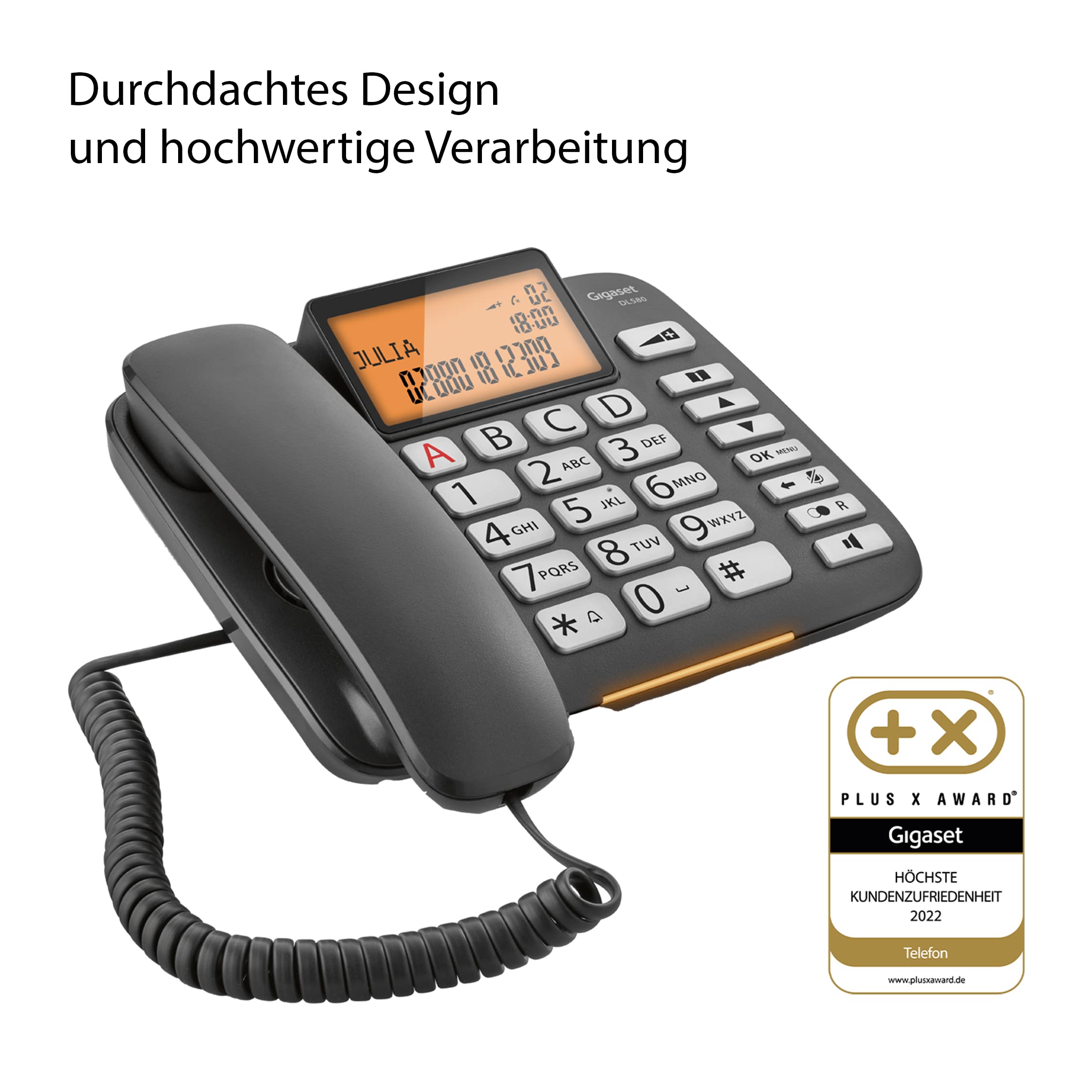 Gigaset DL580 - schnurgebundenes Senioren Telefon - Tischtelefon mit extra leichter Bedienung und beleuchtetem Farbdisplay, schwarz