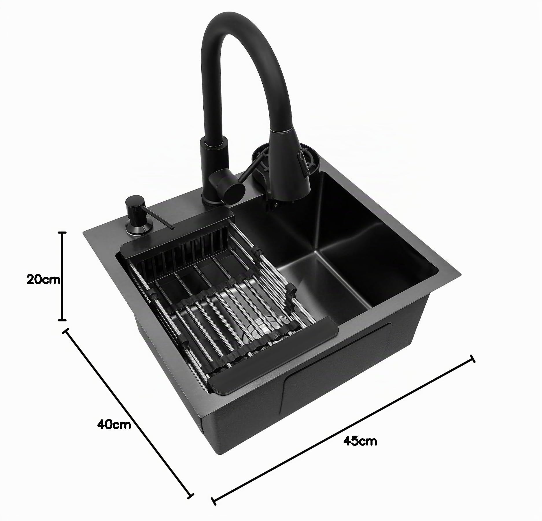 Fregadero de 45 x 40 cm de acero inoxidable, fregadero negro con grifo extraíble y enjuague para tazas, fregadero de cocina multifuncional de 1 seno, fregadero empotrable, incluye diseño de drenaje en