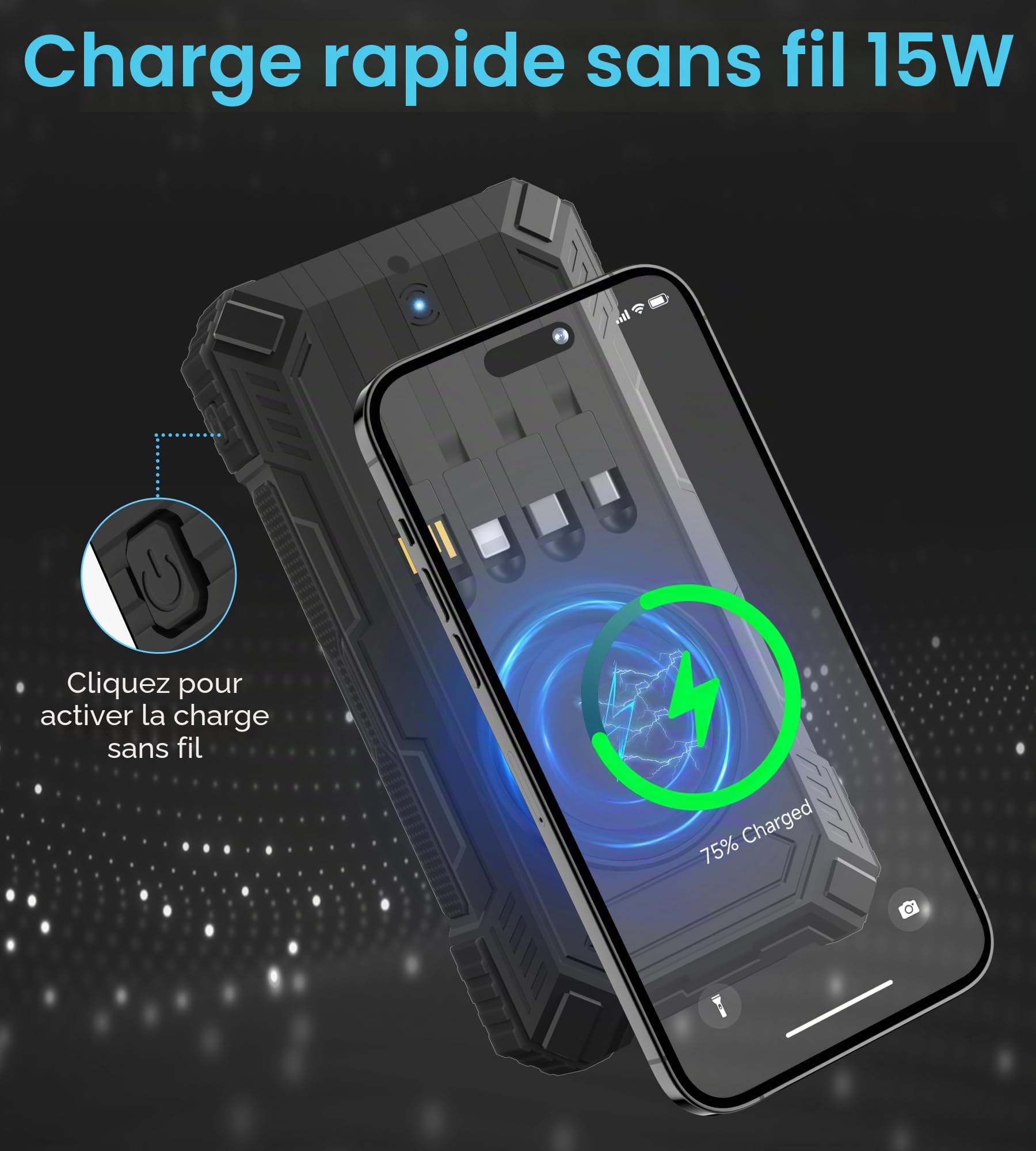 56800mAh Batterie Externe Solaire: 30W PD 3.0A USB C Power Bank Charge Rapide avec 4 Câbles, 6 Sorties/3 Entrées, 15W Chargement sans Fil, Lampe de Poche, Voyant LED, Chargeur Externe pour Téléphone