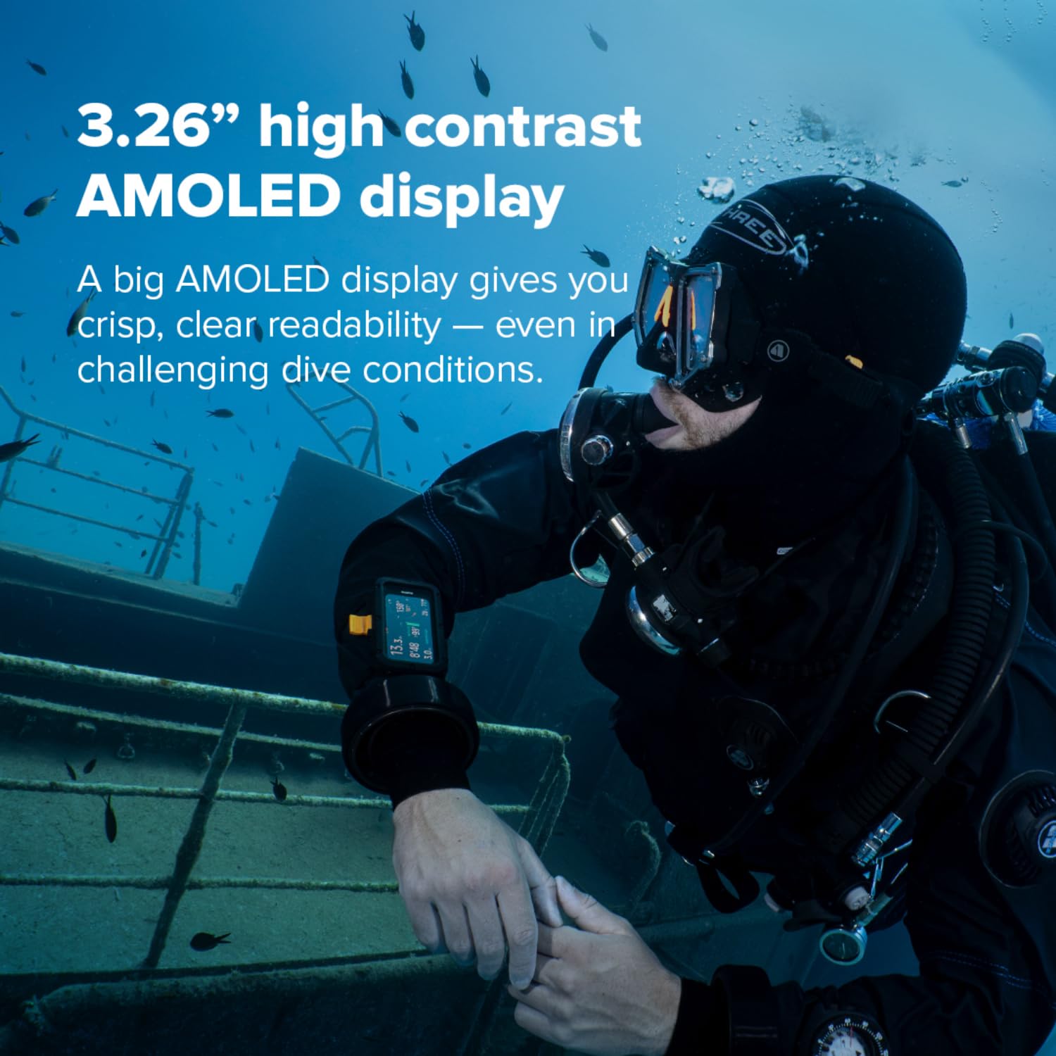 SUUNTO Nautic Tauchcomputer mit Bungee-Seil, Helles AMOLED-Display, Integrierte LED-Taschenlampe, Bis zu 120H, GPS & Unterwasser-Routenverfolgung, Kabelloser Tankdruckmonitor