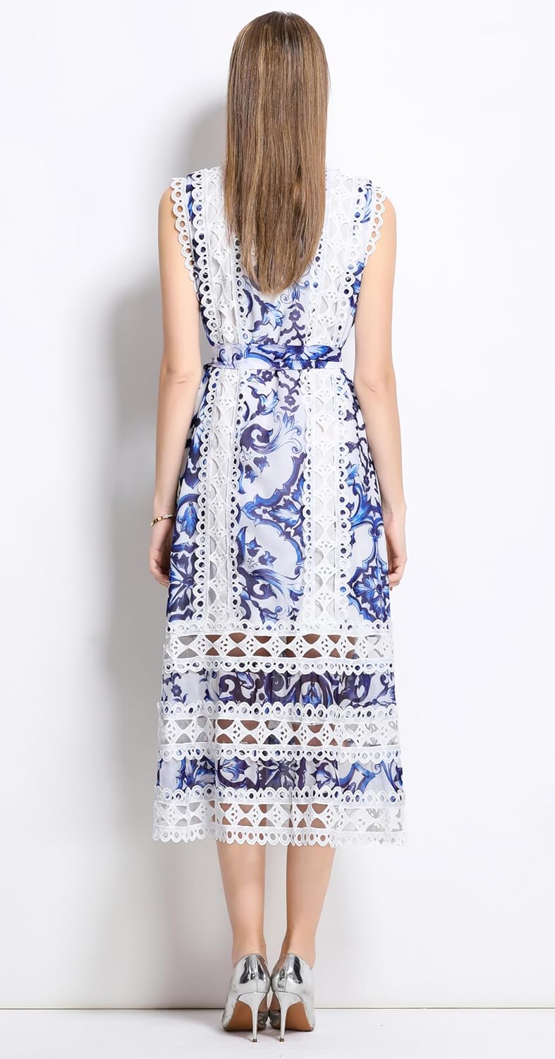 LAI MENG FIVE CATS Women's Sleeveless Hollow Out Lace Button Up Casual Midi Party Dress with Belt