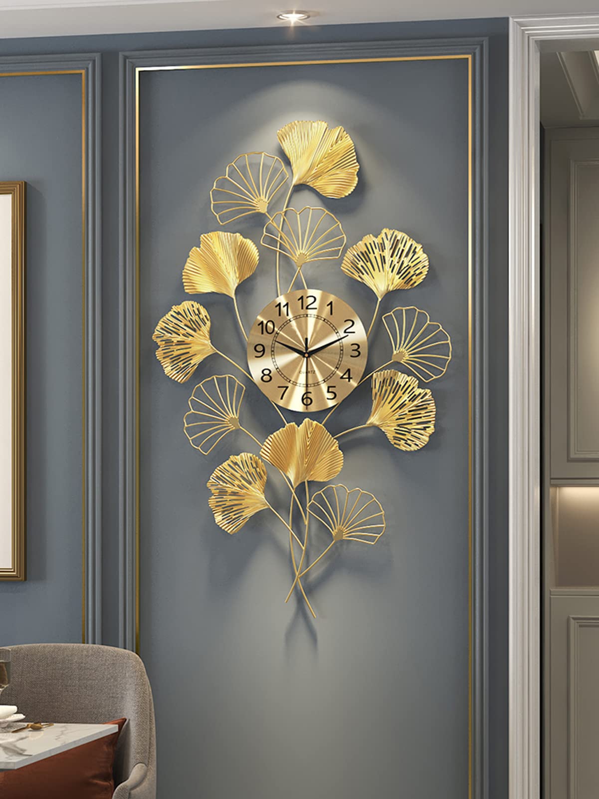 MYUYEE Living Room ation Wall Clock, Modern Metal Art Ginkgo Leaf Clock, Porch Wall ation