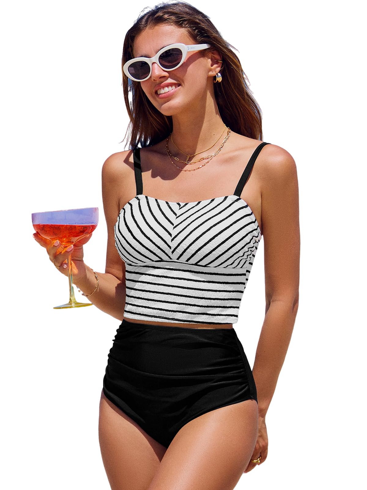 CUPSHE Damskie zestawy tankini kwadratowy dekolt elastyczne dwuczęściowe stroje kąpielowe z wysokim stanem regulowane paski stroje kąpielowe