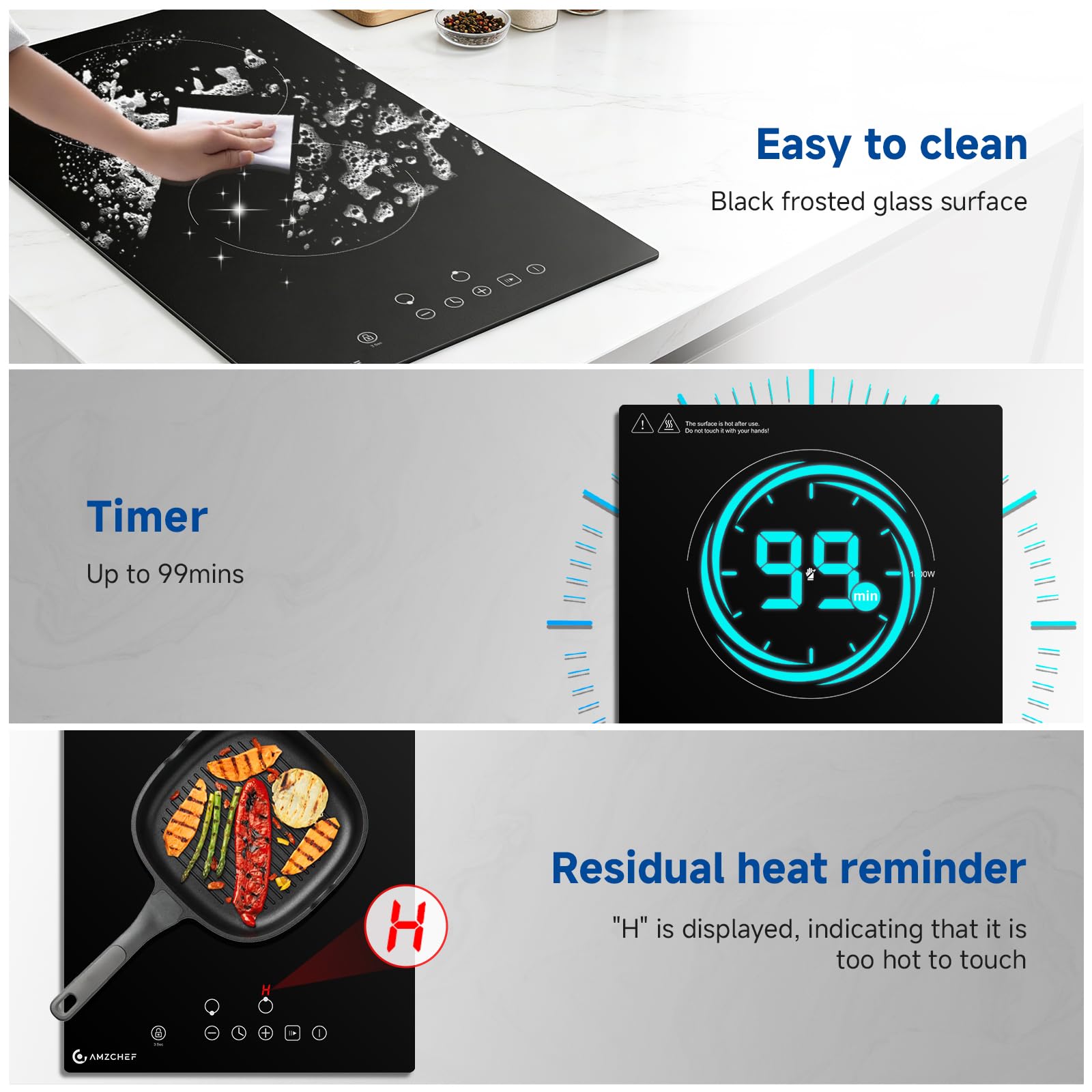 AMZCHEF Ceramic Hob 2 Zones, 3000W Electric Hob 2 Ring, Table Top & Built-in Dual installation, Plug and Play, 9 Power Levels, Timer & Pause Function, Child Lock, Easy Clean Frosted Glass Panel — view 4