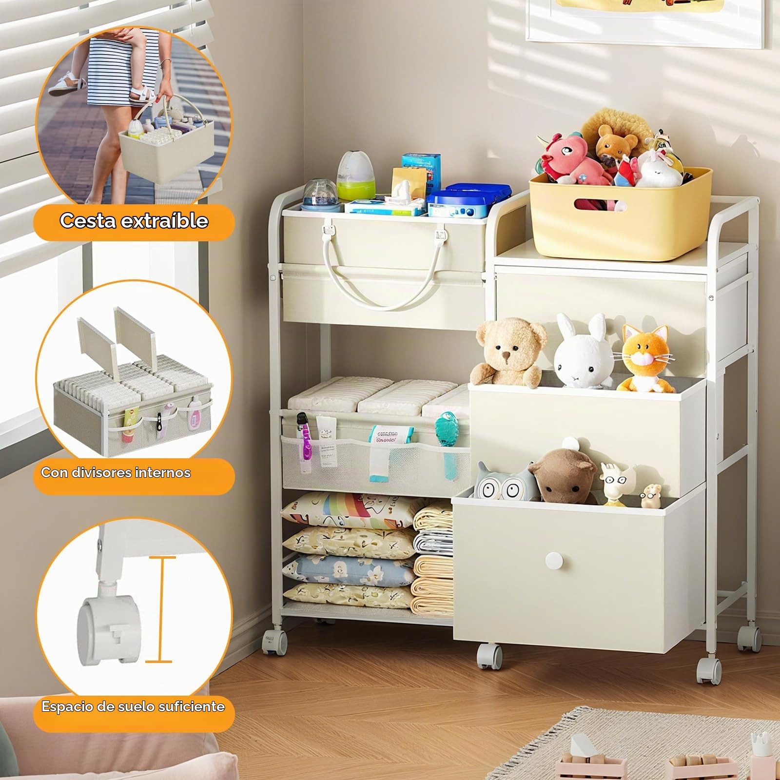 Carrito Organizador para Bebé con 3 Cajones y Estantes | Con Ruedas, Cesta Portátil y Bolsa, Beige, 82 × 29 × 85 cm, Ideal para Dormitorio o Guardería