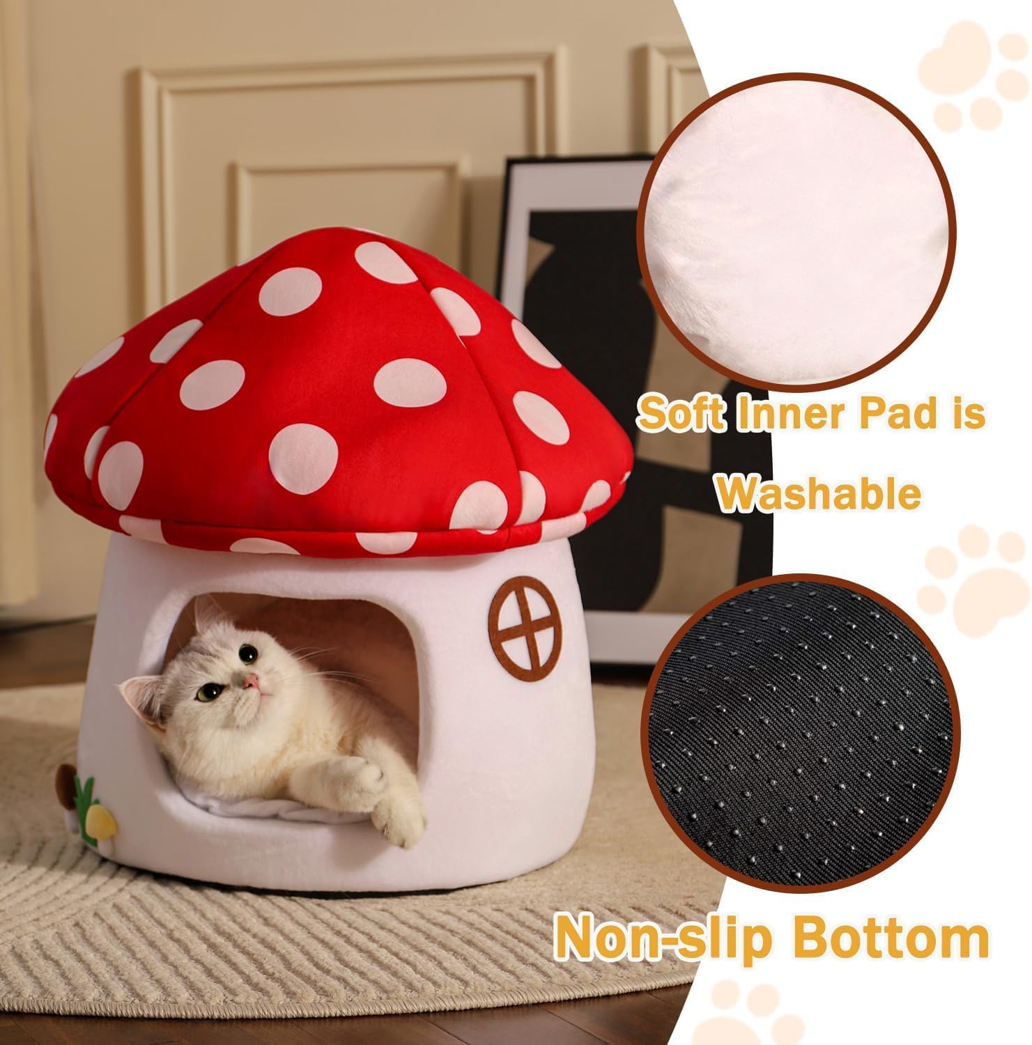 Mushroom Cow Cat Bed House for Indoor Cats & Small Dogs - Soft Cave-Style Pet Nest with Removable Washable Cushion, Plush Semi-Enclosed Cat Cave Tent, Red & White, Cozy Non-Slip Calming Bed