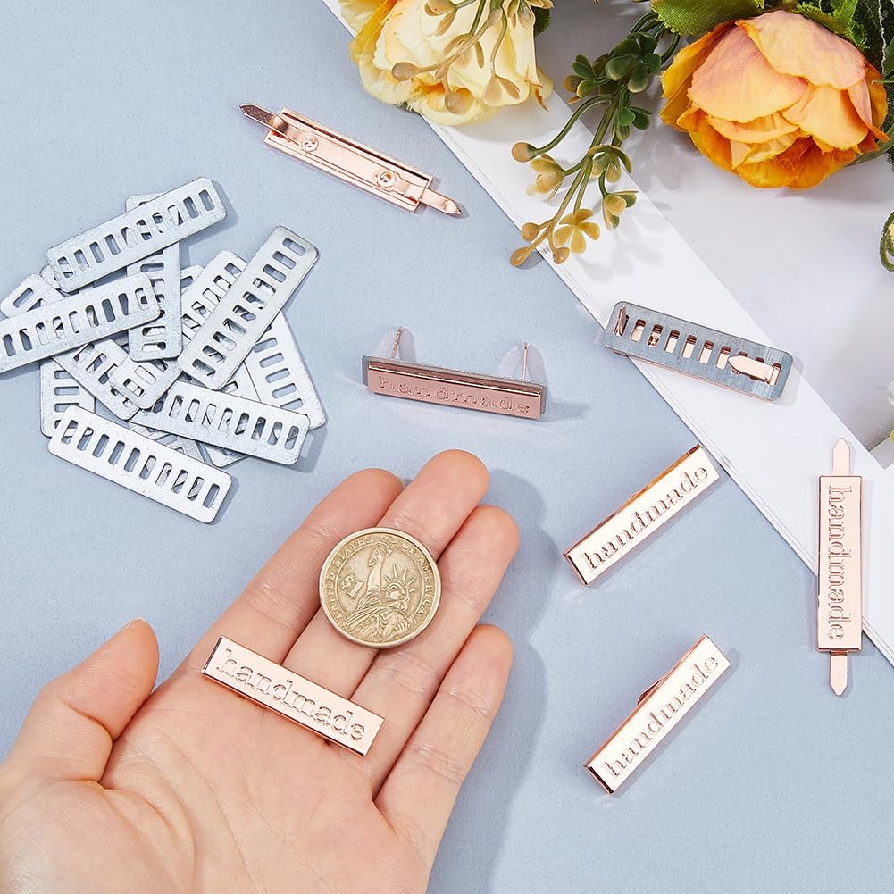 SUPERFINDINGS 16 Pcs Handmade Metal Labels 3.95x1cm Rectangle Handmade Metal Tags with Shim Platinum Zinc Alloy Handmades Label Signs Tags for DIY Craft Making Shoes Purses Bags,Platinum & Rose Gold image 3