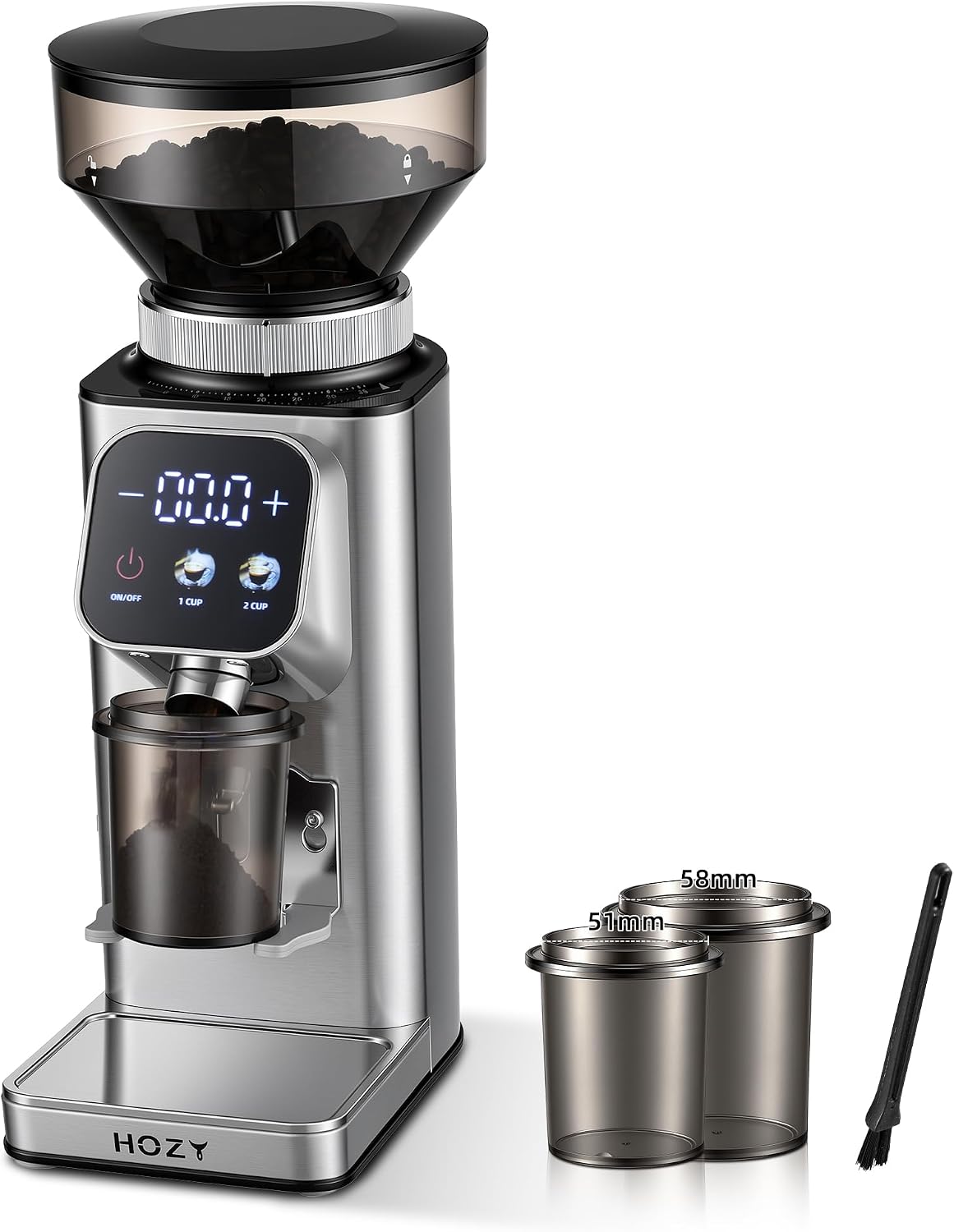 Conical Burr Coffee Grinder, Tilted design,Less residue,Metallic Silver