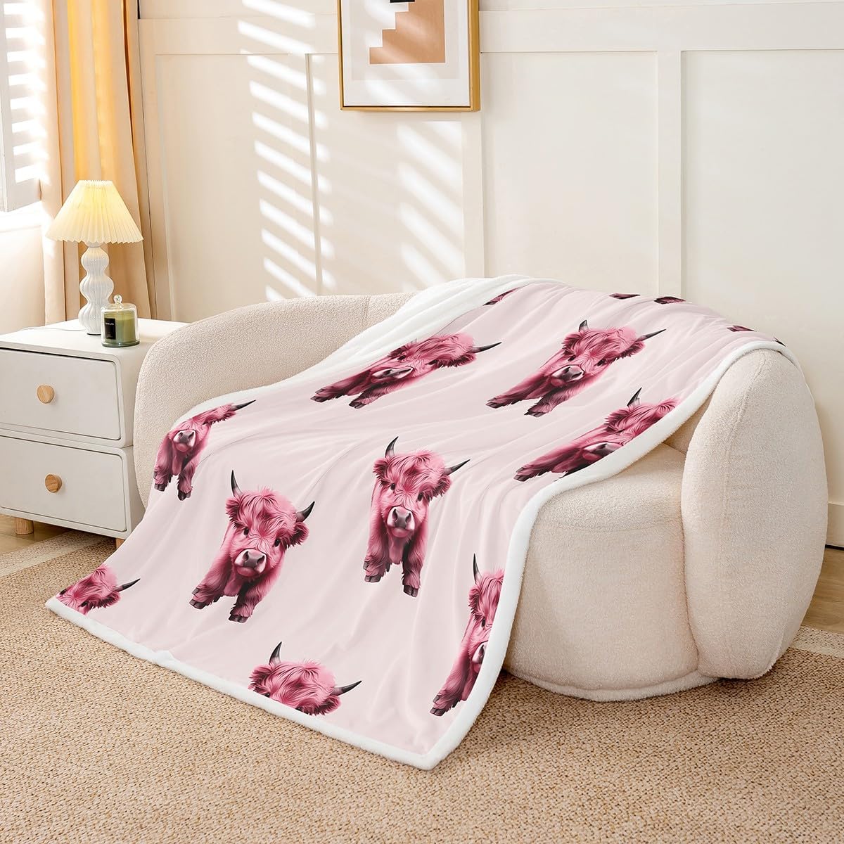 Highland Cattle Throw Blanket for Kids,Pink Print Farmhouse Cow Fleece Throw Blanket for Bedroom Sofa Dorm Decor,Cow Skin Print Lightweight Bed Blankets,40 x 50 Inches image 3