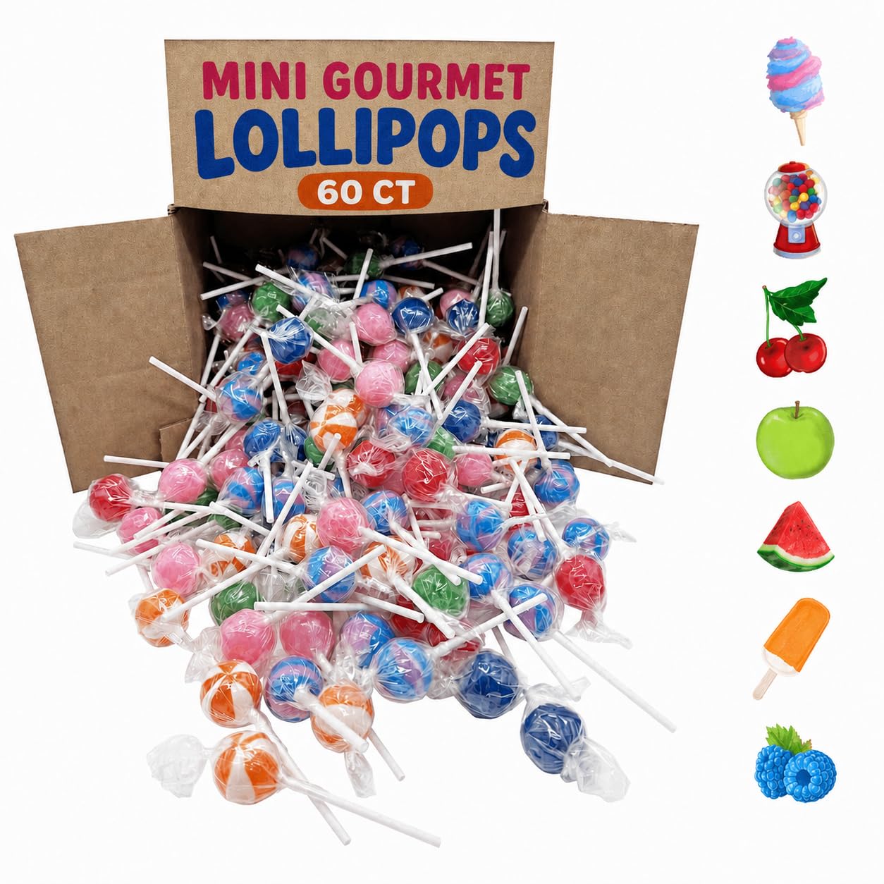 Mini Gourmet-Style Lollipops – 60 Count Bulk Mix – Cotton Candy, Orange Creamsicle, Blue Raspberry & More – Individually Wrapped Hard Candy Pops, Perfect Stocking Stuffer