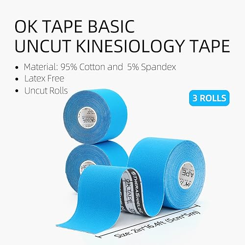 Miniatura 4 de OK TAPE Cinta de kinesiología regular (paquete de 3), cinta atlética de algodón original para apoyar las articulaciones musculares de la rodilla,