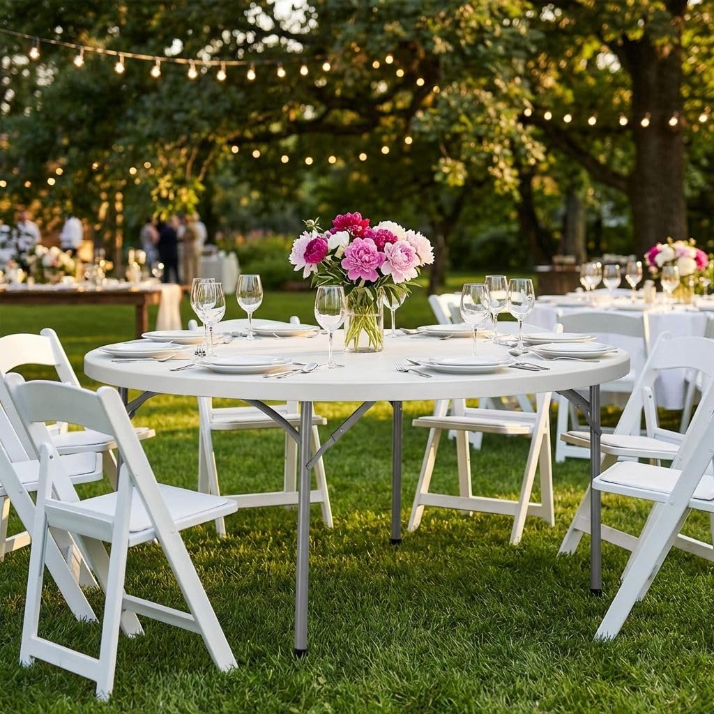 milani home - tavolo catering, rotondo, pieghevole, 4 posti, salvaspazio, acciaio e ABS, bianco, diametro 120 cm