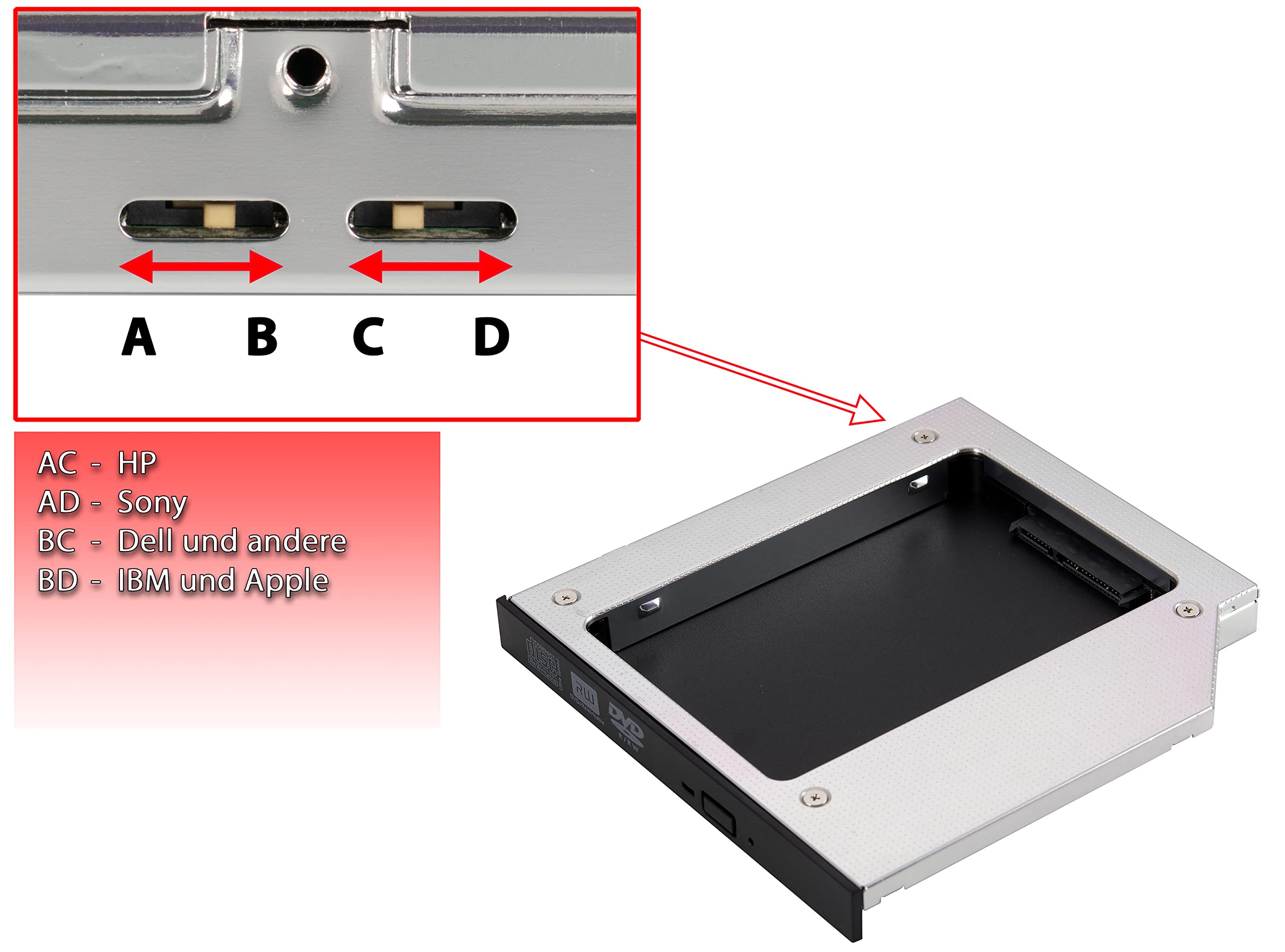 Poppstar Caddy per SSD HDD disco rigido 2,5" (7 mm, 9,5 mm, 12,5 mm) Adattatore notebook HDD al posto del lettore DVD / slot CD Sata 3 da 12,7 mm (per portatile ecc.)