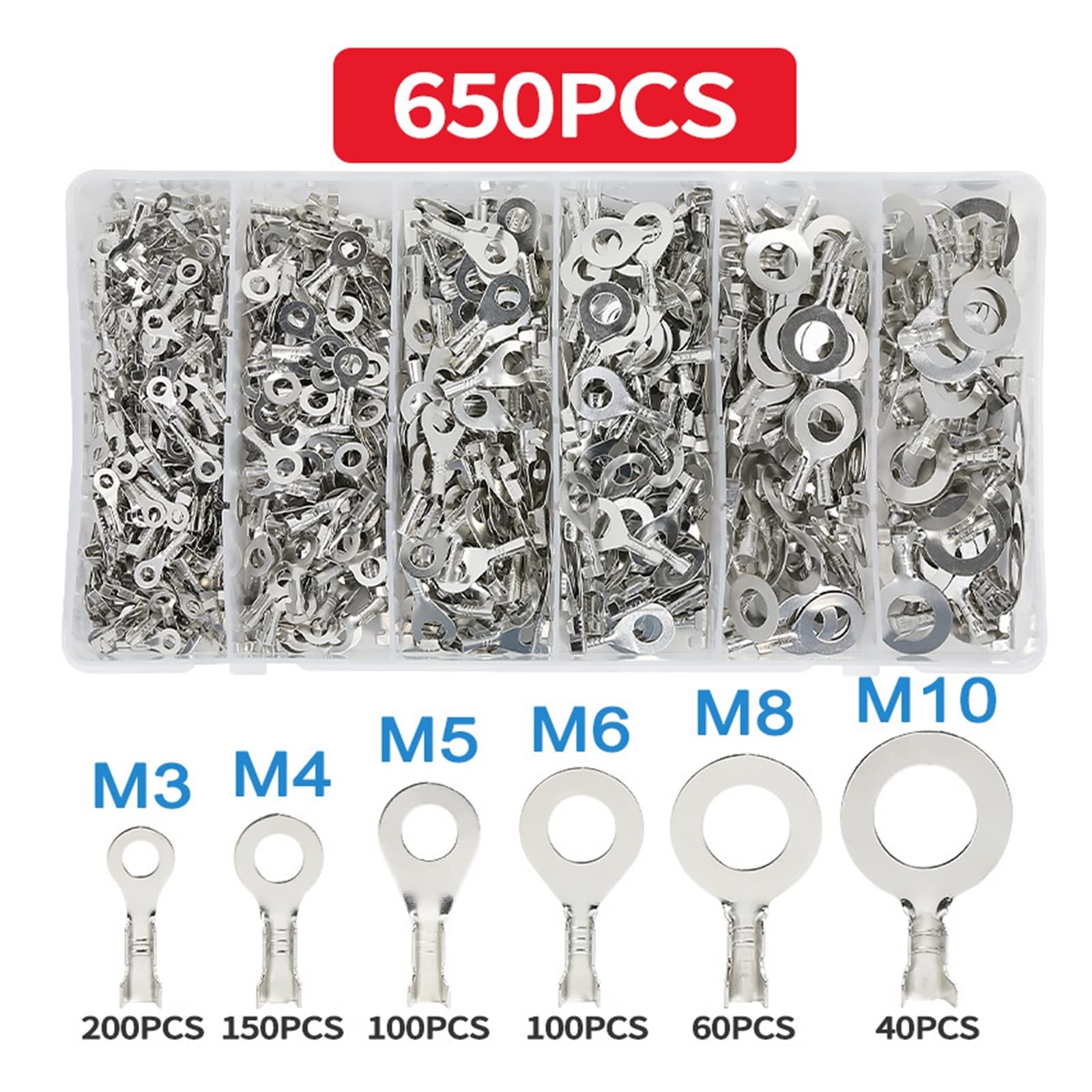 150/300/650/1400 STÜCKE Elektrische Kabelverbinder Ösen Ringkabelschuhe Nicht isolierte Crimpklemmen Crimpzangenwerkzeuge (Size : Silver 650PCS)