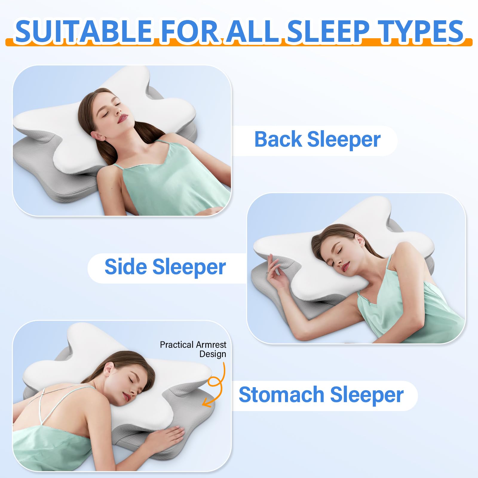Ehomfory, cuscino in memory foam, cuscino cervicale, cuscino ergonomico per chi dorme sul fianco, sulla schiena e sulla pancia, 69 x 37 x 9/12 cm