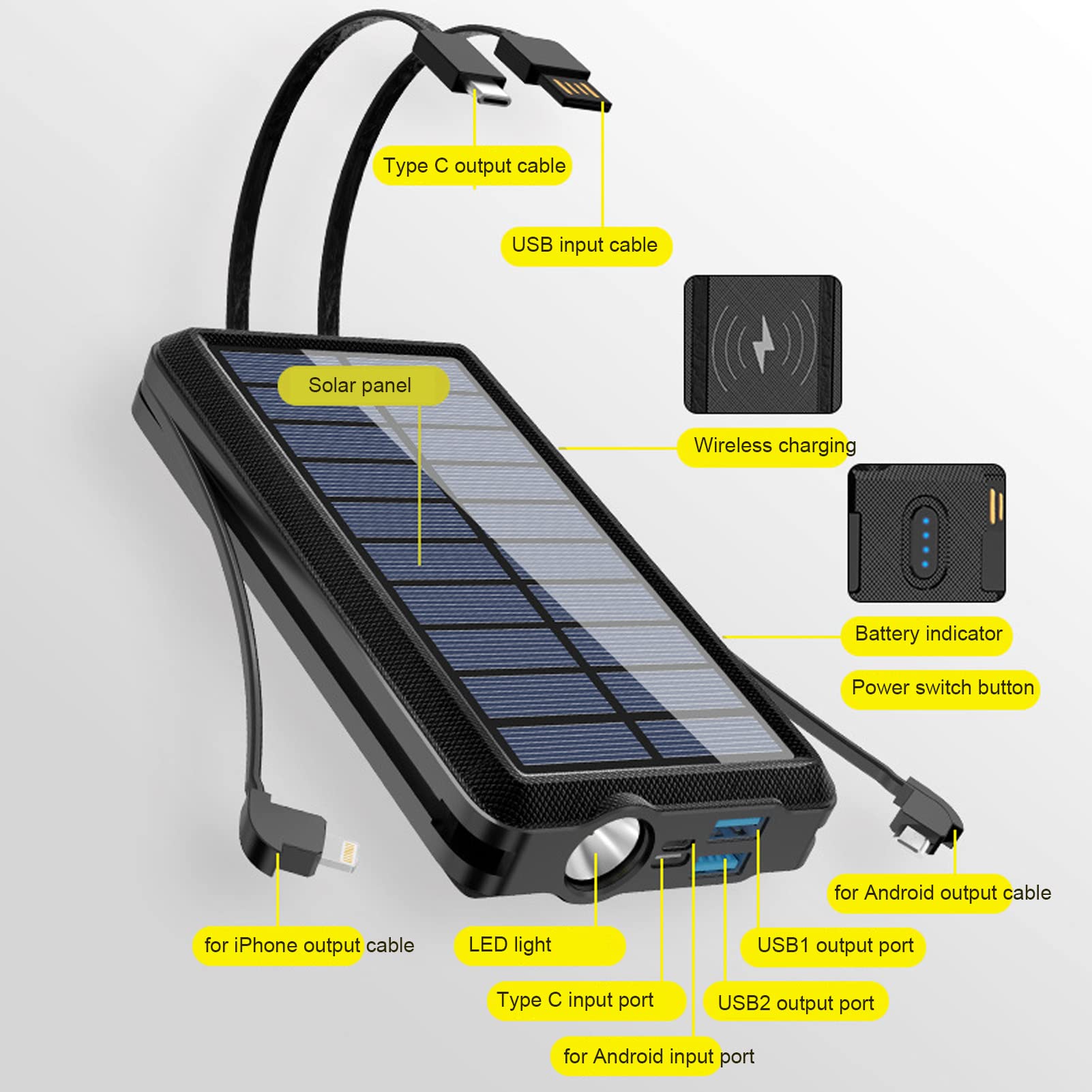 Marhynchus 30000 MAh Solar Power Bank z 4 Kablami o Dużej Pojemności Solarnej ładowarki Solarnej do Codziennych Podróży na świeżym Powietrzu, Wyposażone w Panele Słoneczne, światło LED,