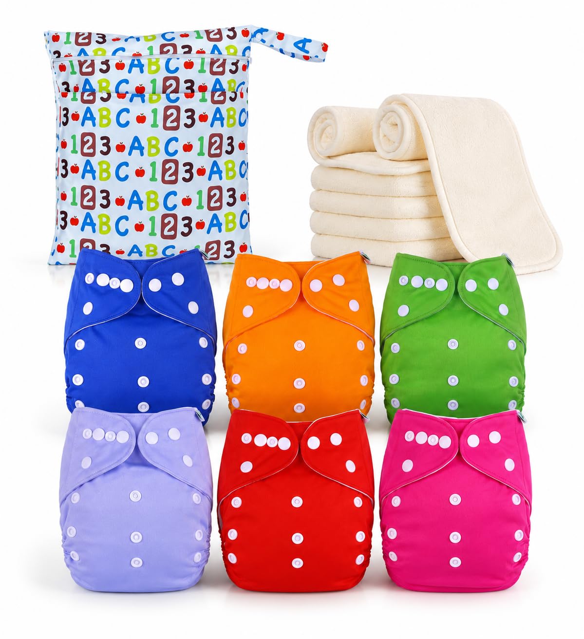 Kolo - kit de pañales de tela para bebés y niños: 6 pañales reutilizables + 6 insertos de bambú + 1 bolsa de transporte de pañales - 100% ecológicos