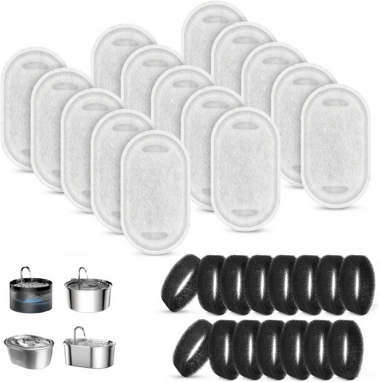 15+15 Pack Cat Water Fountain Filters, Pet Water Fountain Filters Replacement for Dog/Cat Stainless Steel Fountain 108oz/3.2L& 67oz/2L, 10 Months Set to Keep Drinking Fresh