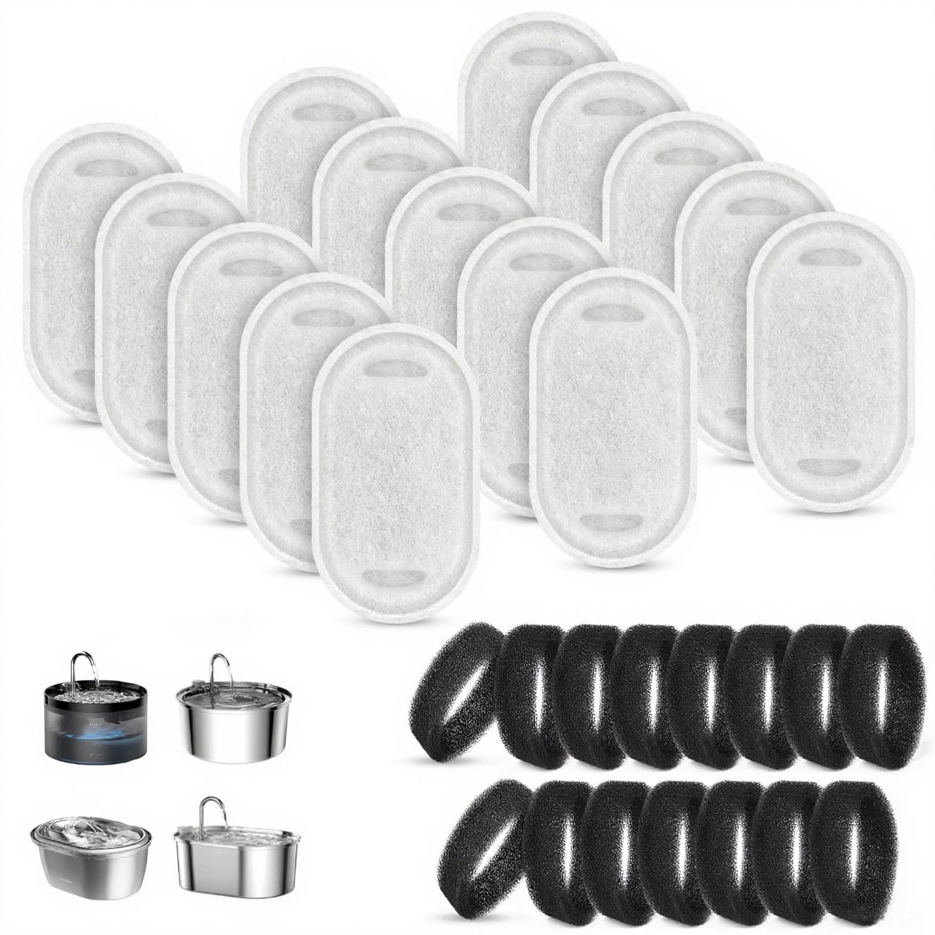 15+15 Pack Cat Water Fountain Filters, Pet Water Fountain Filters Replacement for Dog/Cat Stainless Steel Fountain 108oz/3.2L& 67oz/2L, 10 Months Set to Keep Drinking Fresh