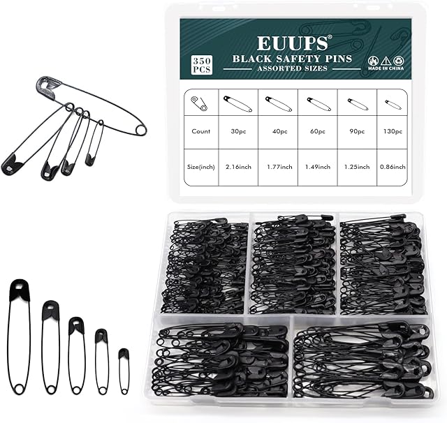 350PCS Black Safety Pins for Clothes, Small and Large Safety Pins Assorted 22-55mm Heavy Duty Safety Pins for Art Craft Sewing Jewelry Making with Storage Box
