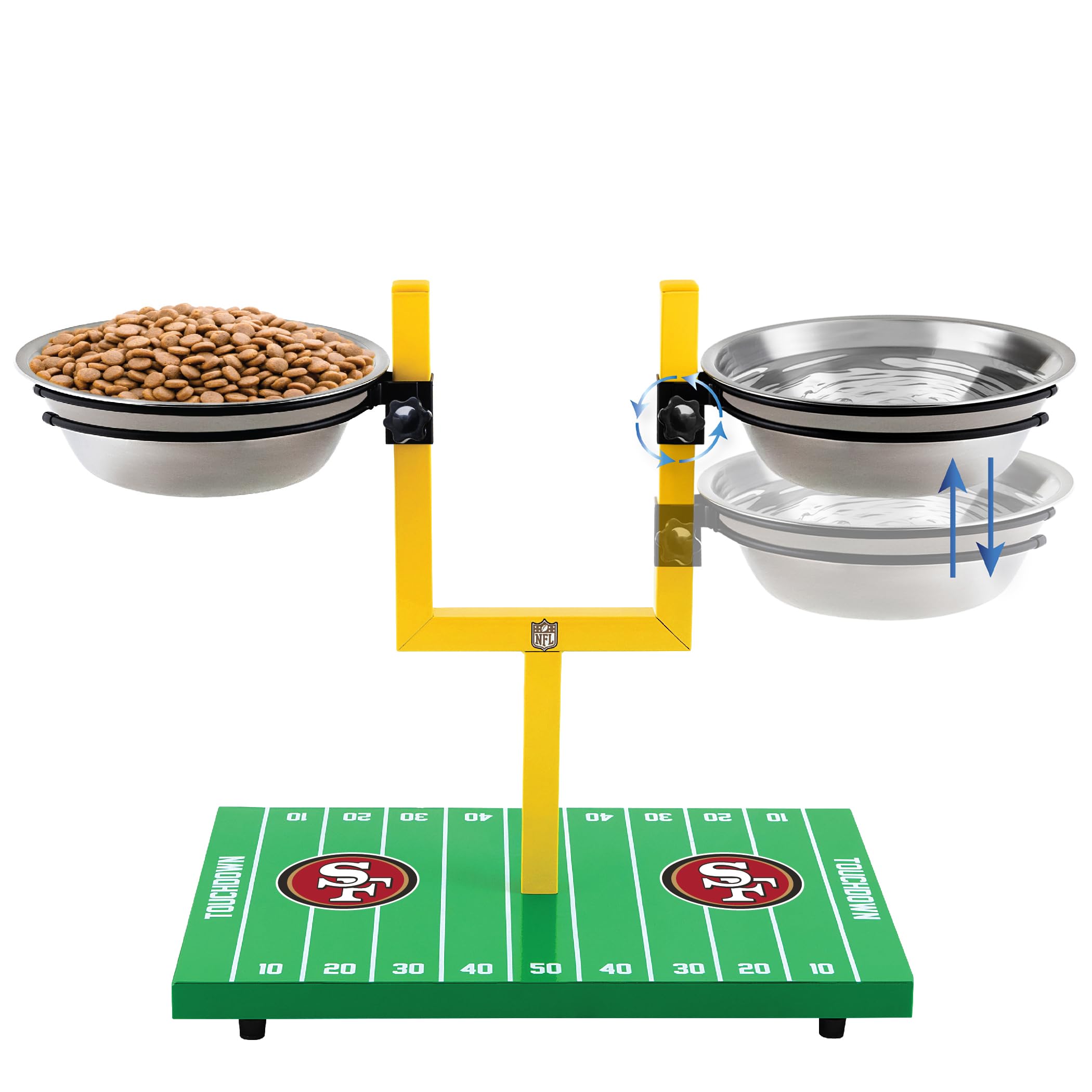 NFL San Francisco 49ers Goalpost Football Field Dog Feeder – Adjustable Elevated Dog Bowls with Stand, 2 Stainless Steel Bowls, Non-Slip Rubber Feet, Raised Pet Feeder for Large & Small Dogs, Cats.