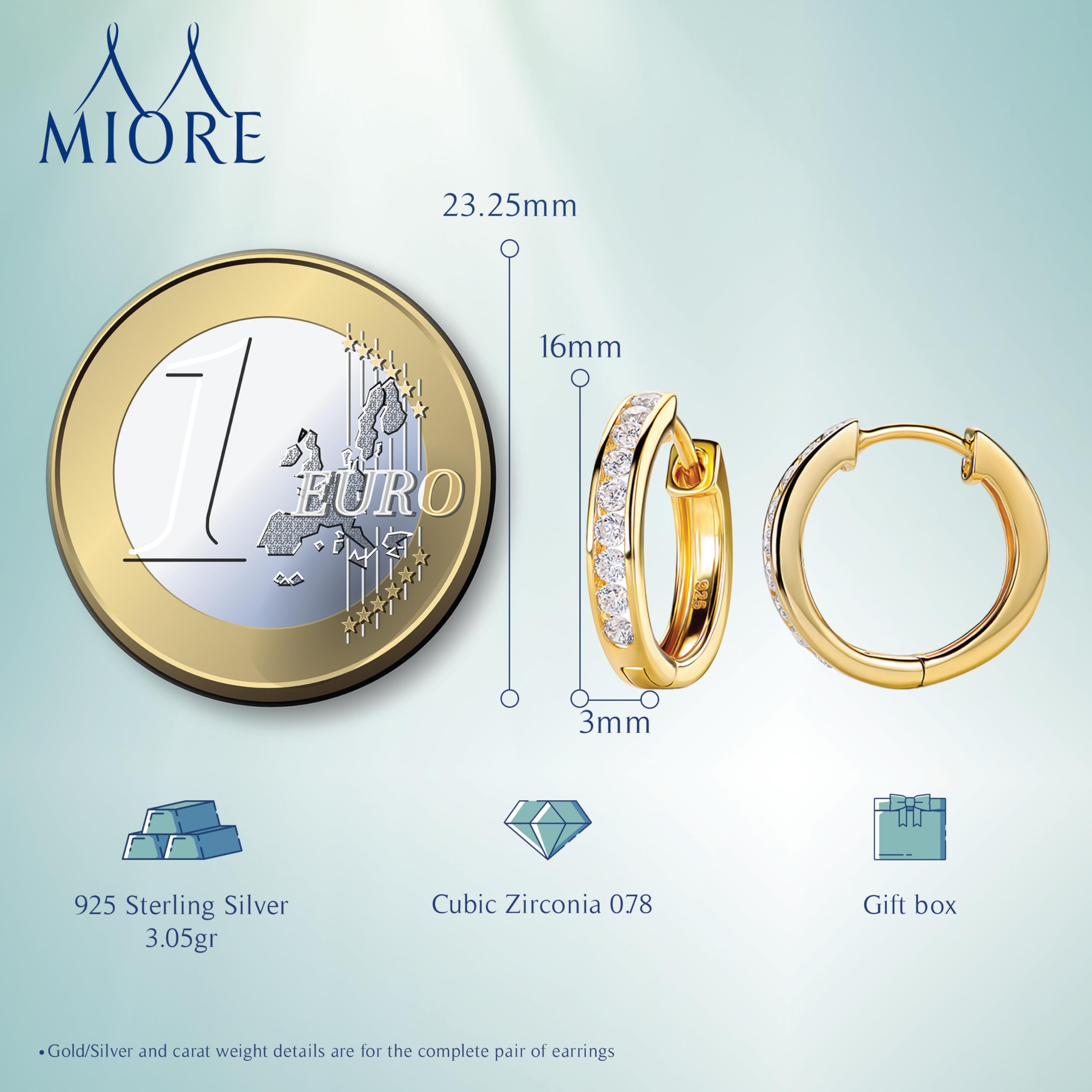 Miore Orecchini Cerchio Donna con Zirconi Brillanti in Argento 925 Placcato Oro Giallo 18K 750, Orecchino Cerchi Classici a lobo anallergici con Zirconi. Chiusura con perno passante e scatto.