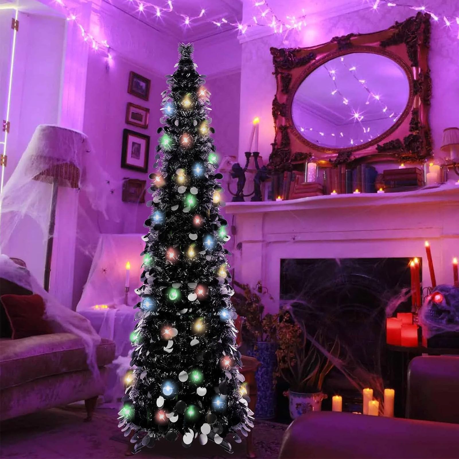 5FT Black Pop Up Christmas Tree, Collapsible Artificial Christmas Tree