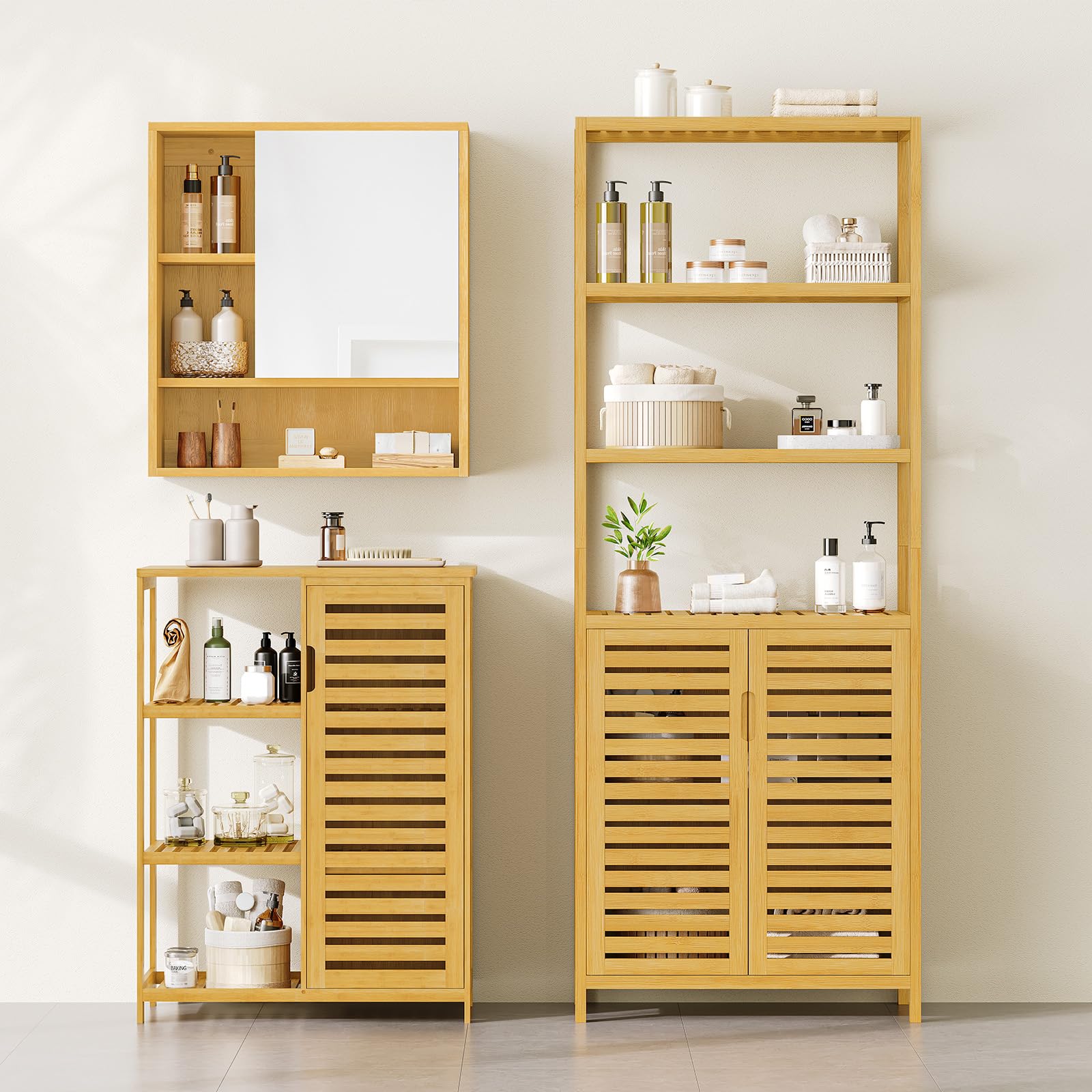 VIAGDO Armadietto da Bagno Alto in Bambù, 3 Scomparti Aperti e Armadietto, Portaoggetti Alto, Per Bagno, Corridoio, Cucina, Soggiorno