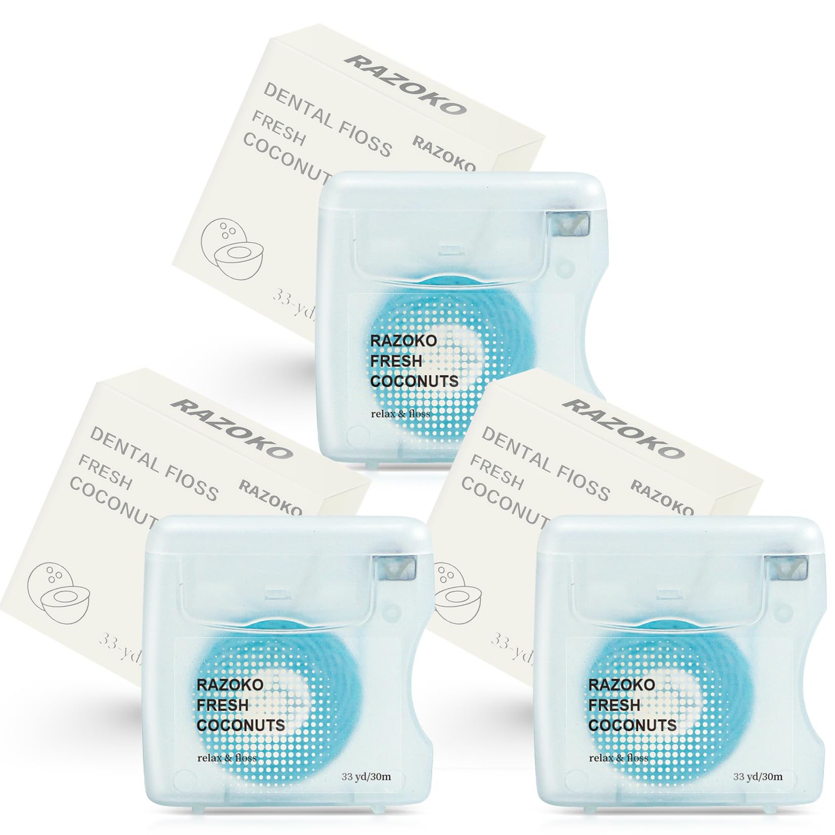 RAZOKO Coconut Oil Infused Woven Dental Floss, Vegan and Cruelty-Free, Coconut Scent, 6 Month Supply (33 Yds x 3 Units)