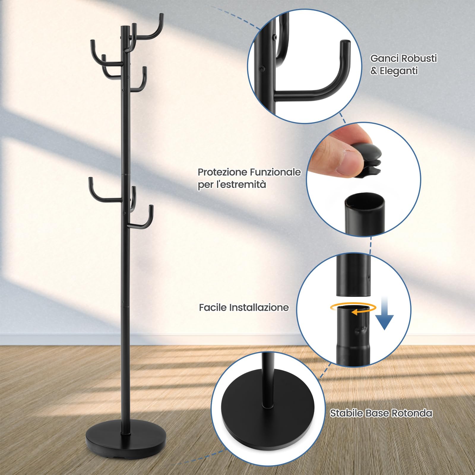 COSTWAY Attaccapanni in Metallo, Attaccapanni da Terra con 8 Ganci Robusti e Base Resistente, per Vestiti Borse Cappelli, 33,5 x 175 cm