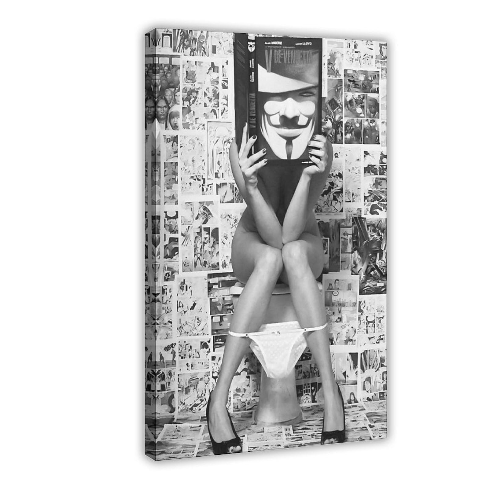 Gqvcjsw Girls On Toilet, Black And White, Bathroom Art Canvas Poster Bedroom Decor Landscape Office Room Decor Gift 12X18inch(30X45cm)