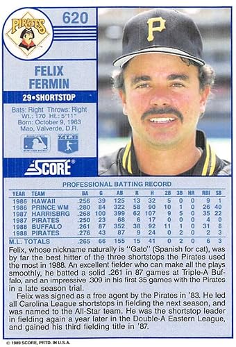 Miniatura 2 de 1989 Score #620 Felix Fermin NM-MT Pittsburgh Pirates Baseball MLB