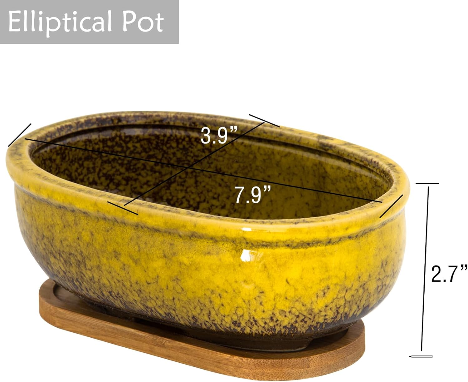 Succulent Pots, 1 Rectangle Planter + 1 Ceramic Bonsai Pot with Drain Tray, 2 Pack Large Shallow Succulent Planters for Indoor Plants, Round Cactus Flower Plant Pot for Desk Windowsill Decor