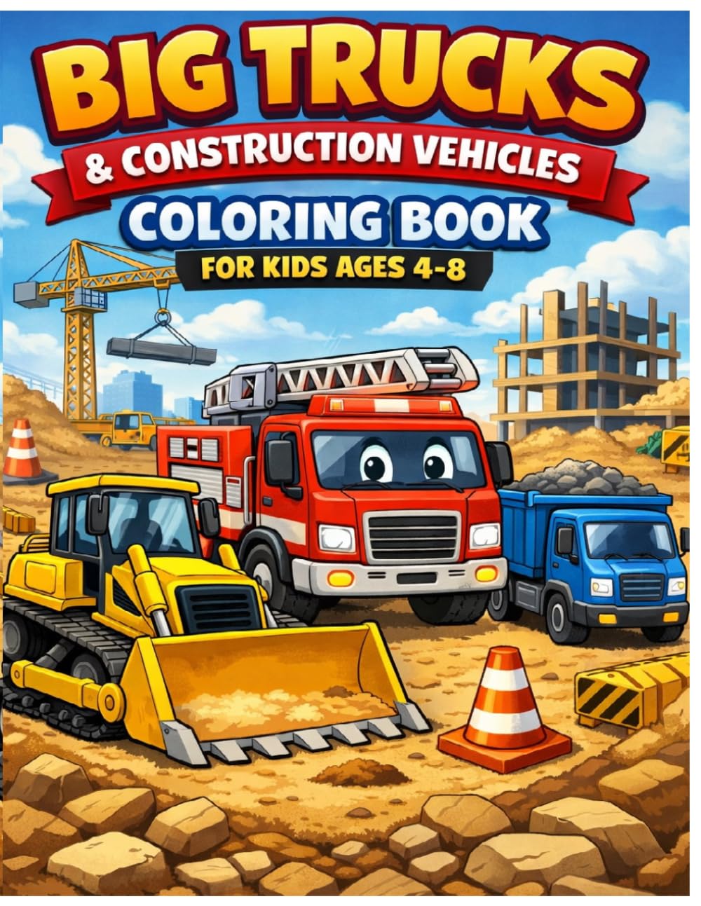 Big Trucks & Construction Vehicles Coloring Book for Kids Ages 4-8: Fun and Easy Bulldozer, Dump Truck, Fire Truck & Excavator Coloring Pages for Boys | Large Print Activity Book
