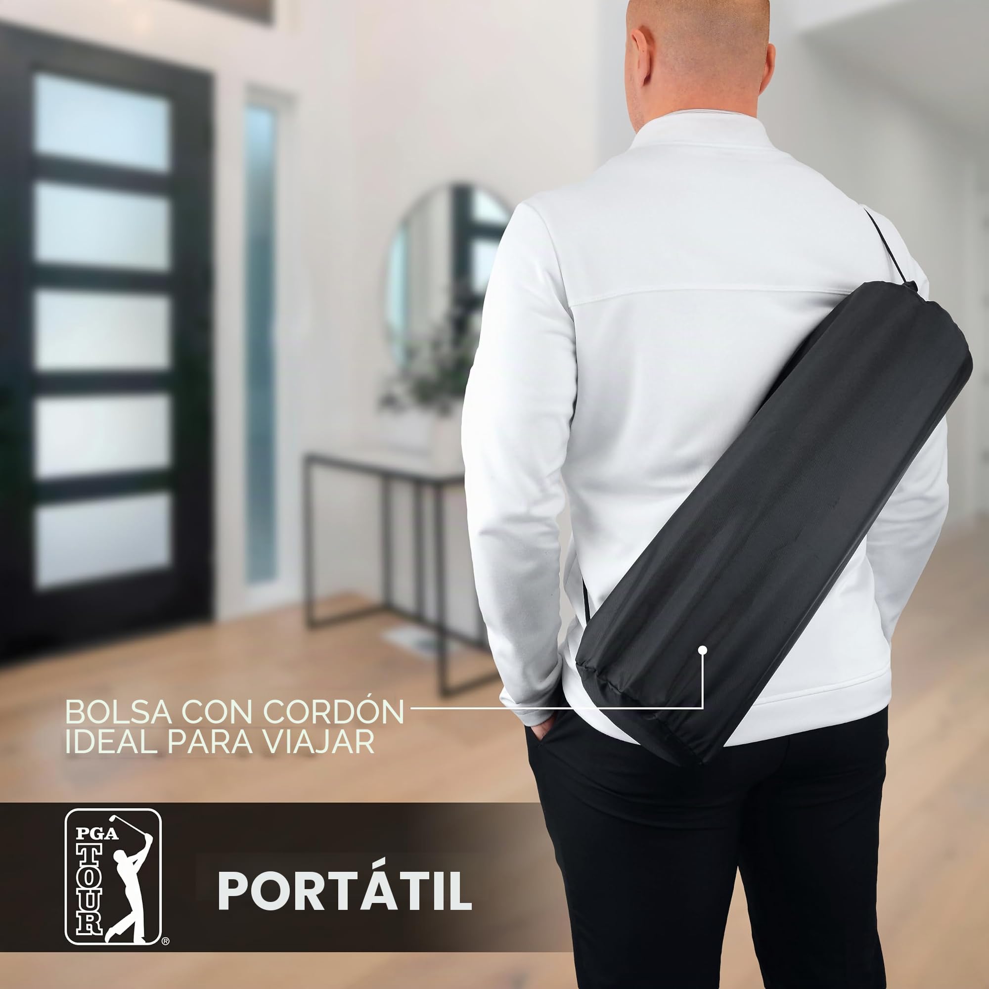 PGA Tour Alfombrilla de golf de lujo de 8 pies para golf de interior, alfombrilla de golf con directrices de entrenamiento, objetivo de agujero de tamaño completo, área de putt de 6 pies, verde, bolsa