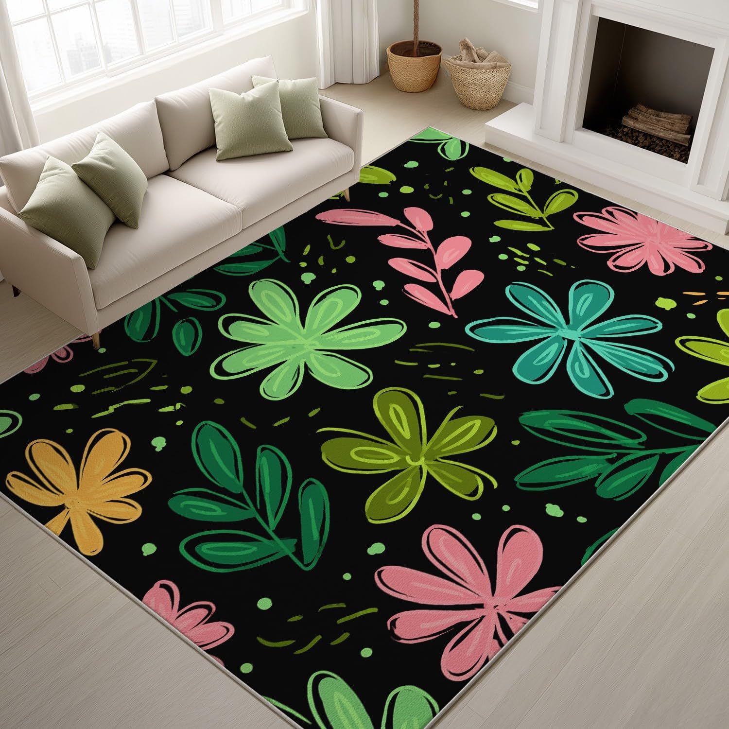 Ogólny wykwintny kwadratowy dywan flanelowy 160 x 230 cm – nadaje się do prania i antypoślizgowy, graffiti, minimalistyczny, bajeczny dywan roślinny, do sypialni, biura lub jadalni, kolorowy