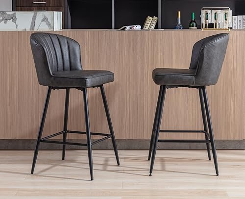 Miniatura 61 de EALSON Juego de 2 taburetes de bar modernos con respaldo tapizado de cuero con reposapiés de metal, cómodas sillas de isla para mostrador de cocina,