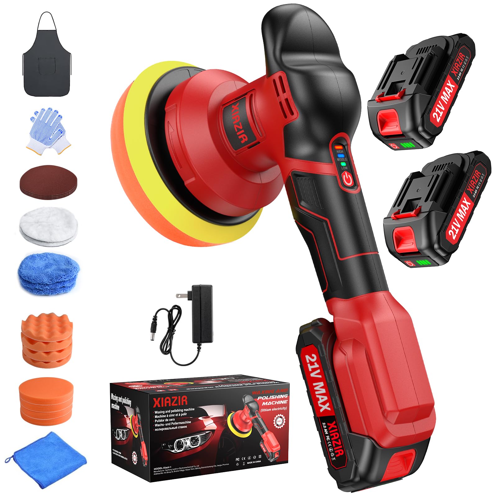 XIAZIR Lucidatrice a batteria - lucidatrice per auto da 6 pollici con 2 pezzi di batteria al litio da 21V 2000mAh e 19 accessori, lucidatrice per auto 3 a velocità variabile 6000RPM(rosso)